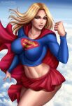  1female 1girl 1girl abs adult athletic_female big_breasts big_breasts big_breasts blonde_hair blue_eyes breasts cape cleavage dc_comics female_only flowerxl flying kara_zor-el linda_danvers long_hair looking_at_viewer pale-skinned_female pink_lipstick pinup red_cape red_skirt skirt sky_background solo_female supergirl supergirl_(series) superheroine superman_(series) thick_thighs topwear watermark 