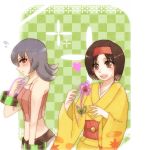 2_girls 2girls arm arms art artist_request bare_shoulders black_eyes black_hair blue_hair blush bracelet brown_eyes camisole checkered checkered_background creatures_(company) erika_(pokemon) female flower game_freak golden_eyes gym_leader hair_between_eyes hairband happy heart humans_of_pokemon japanese_clothes kimono looking_at_another love midriff multiple_girls natsume_(pokemon) neck nintendo open_mouth pale_skin pokemon pokemon_(anime) pokemon_(game) pokemon_hgss pokemon_red_green_blue_&_yellow pokemon_rgby porkyman sabrina sabrina_(pokemon) short_hair shy smile sweatdrop tank_top v-neck wide_sleeves yukata yuri