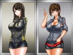  2girls alluring big_breasts biker_jacket black_hair brown_eyes brown_hair cleavage engine_sentai_go-onger long_hair multiple_girls ponytail rouyama_saki shorts skirt super_sentai sutou_miu treezero 