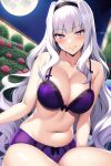 1girl alluring bare_legs big_breasts bow bow_bra bow_panties bra cleavage idolmaster lingerie panties purple_bra purple_eyes purple_panties shijou_takane silver_hair underwear zengai