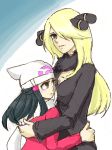  2_girls 2girls alternate_hair_color artist_request black_hair blonde blonde_hair blue_eyes blue_hair coat cynthia_(pokemon) dawn_(pokemon) female game_freak hair_over_one_eye hat hikari_(pokemon) hikari_(pokemon_platinum) hug hugging humans_of_pokemon long_hair long_sleeves love multiple_girls nintendo peacoat pokemon pokemon_(anime) pokemon_(game) pokemon_black_2_&amp;_white_2 pokemon_black_and_white pokemon_bw pokemon_bw2 pokemon_diamond_pearl_&amp;_platinum pokemon_dppt shirona_(pokemon) winter_clothes yuri 