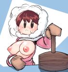 1girl bangs blush brown_hair cragscleft female_only gloves hammer hood hood_up ice_climber large_breasts looking_at_viewer nana_(ice_climber) nintendo open_clothes open_coat open_jacket puffy_areolae source_request winter_clothes