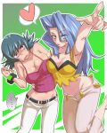 2_girls 2girls alluring arm armpits arms art bare_shoulders belt big_breasts black_hair blue_eyes blue_hair bracelet breast_press breasts camisole cleavage denim elite_four female flipped_hair green_background gym_leader hair_over_one_eye heart hug hugging jeans jewelry karin_(pokemon) large_breasts lips long_hair midriff multiple_girls nail_polish natsume_(pokemon) navel nintendo open_mouth pants pointing pokemon pokemon_(game) pokemon_gsc pokemon_hgss sabrina sabrina_(pokemon) short_hair spoken_heart sweat sweatdrop tank_top yuri zaitsu