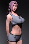  1girl alluring big_breasts blue_eyes dead_or_alive dead_or_alive_xtreme_2 dead_or_alive_xtreme_3_fortune dead_or_alive_xtreme_beach_volleyball dead_or_alive_xtreme_venus_vacation elise elise_(doa) gym_shorts nzstudio pin_up posing purple_hair sports_bra tecmo 