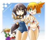 2boys 2girls :d anger_vein bikini black_eyes black_hair blindfold blue_(pokemon) breasts brown_hair cleavage eating english food front-tie_top fruit green_eyes grin heart kasumi_(pokemon) leaf_(pokemon) long_hair multiple_boys multiple_girls navel noodles ocean one-piece_swimsuit one_eye_closed ookido_green open_clothes open_mouth open_shirt orange_hair pasta pokemon pokemon_(game) pokemon_frlg pokemon_rgby rascal_(artist) red_(pokemon) school_swimsuit shirt side-tie_bikini side_ponytail sky smile spaghetti stick suikawari summer swim_trunks swimsuit thigh_gap thighs voltorb watermelon wink