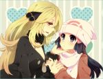  2_girls 2girls alternate_costume babe beanie blonde blonde_hair blue_eyes blue_hair blush chin_grab choker coat creatures_(company) cynthia_(pokemon) dawn_(pokemon) eye_contact female game_freak hair_ornament hair_over_one_eye hat heart hikari_(pokemon) hikari_(pokemon_platinum) huge_breasts humans_of_pokemon jacket long_hair long_sleeves looking_at_another looking_at_viewer love multiple_girls neck nicole_(usako) nintendo open_mouth pokemon pokemon_(anime) pokemon_(game) pokemon_black_2_&amp;_white_2 pokemon_black_and_white pokemon_bw pokemon_bw2 pokemon_diamond_pearl_&amp;_platinum pokemon_dppt polka_dot polka_dot_heart rabbit-26 scarf shirona_(pokemon) shy smile striped striped_background surprised usako_(26) very_long_hair winter_clothes wrist_grab yellow_eyes yuri 