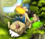 anus bush closed_eyes compression_artifacts cum cum_in_pussy cum_inside darkmirage female fire grass hetero legs_up male outside penetration pokemon sereos testicles tree typhlosion vaginal vaginal_penetration water wood