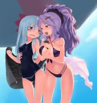  2girls :d between_breasts bikini blue_hair blush breasts chandelure erect_nipples hair_ornament highres holding homura_subaru humanized hydreigon long_hair multiple_girls navel one-piece_swimsuit open_mouth pokemon pokemon_(game) pokemon_bw ponytail purple_hair red_eyes revision smile swimsuit towel wet yellow_eyes yuri 