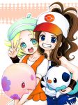  2_girls baseball_cap bel_(pokemon) bianca_(pokemon) blonde_hair blue_eyes breasts brown_hair creatures_(company) female_protagonist_(pokemon_bw2) game_freak green_eyes hat hilda_(pokemon) humans_of_pokemon jean_shorts light-skinned_female mariemon multiple_girls munna nintendo oshawott pokemon pokemon_(anime) pokemon_(game) pokemon_black_2_&amp;_white_2 pokemon_black_and_white pokemon_bw pokemon_bw2 ponytail porkyman sabakan safe smile tegaki touko_(pokemon) white_(pokemon) yellow_hair 