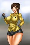  1girl alluring big_breasts fingerless_gloves gloves juuken_sentai_gekiranger olive_eyes shirt shorts super_sentai treezero uzaki_ran yellow_eyes 