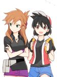  2girls alternate_costume backpack bag black_hair brown_hair crossed_arms drawr genderswap green_eyes half_updo hirosuke hirosuke_(psychexx) homopero jewelry long_hair looking_away multiple_girls ookido_green open_mouth pendant pokemon pokemon_special randoseru red_(pokemon) red_eyes short_hair shorts simple_background skirt smile white_background 