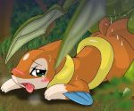  blush cum dirt female fins floatzel grass green_eyes male open_mouth pokemon pokã©mon scyther sweat tear tongue tree 