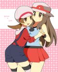 2_girls 2girls blue_(pokemon) blush brown_eyes brown_hair character_name female hand_holding hat holding_hands kotone_(pokemon) leaf_(pokemon) long_hair multiple_girls nintendo open_mouth overalls pokemon pokemon_(game) pokemon_firered_and_leafgreen pokemon_frlg pokemon_heartgold_and_soulsilver pokemon_hgss pokemon_rgby porkpie_hat pumpkinpan short_hair skirt thighhighs yuri