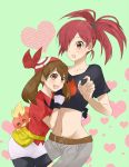 2_girls 2girls arm arms art artist_request asuna_(pokemon) babe bag bandana bandanna belt bike_shorts blush brown_eyes brown_hair collarbone embarrassed female flannery game_freak gloves green_background gym_leader hair_over_one_eye happy haruka_(pokemon) heart heart_background hug hugging humans_of_pokemon jeans looking_at_another looking_down love may_(pokemon) midriff multiple_girls navel neck nintendo open_mouth pants pokemon pokemon_(anime) pokemon_(game) pokemon_diamond_pearl_&_platinum pokemon_dppt pokemon_rse ponytail red_hair redhead shirt short_hair shorts shy smile standing t-shirt torchic yuri