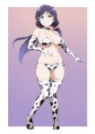 1girl animal_ears animal_print big_breasts bikini black_choker border breasts choker cleavage closed_mouth collarbone commission commissioner_upload cow_ears cow_horns cow_print cow_print_bikini cow_print_thighhighs elbow_gloves full_body gloves gluteal_fold green_eyes high_res horns limelam06 love_live! love_live!_school_idol_project low_twintails navel print_bikini print_gloves print_thighhighs purple_hair skindentation smile stockings stomach swimsuit toujou_nozomi twin_tails v-shaped_eyebrows white_border