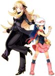 2girls arm arms art artist_request bad_id bag bare_legs beanie big_breasts black_high_heels blonde_hair blue_eyes blue_hair boots breasts choker cleavage coat creatures_(company) cynthia_(pokemon) dawn_(pokemon) female game_freak hair hair_ornament hair_over_one_eye hat headgear height_difference high_heels highres hikari_(pokemon) holding holding_poke_ball huge_breasts humans_of_pokemon large_breasts leg_lift leg_up legs long_hair looking_at_viewer multiple_girls nintendo pants pink_boots poke_ball pokemon pokemon_(anime) pokemon_(game) pokemon_black_2_&_white_2 pokemon_black_and_white pokemon_bw pokemon_bw2 pokemon_diamond_pearl_&_platinum pokemon_dppt rex_k scarf shirona_(pokemon) shoes skirt smile standing standing_on_one_leg very_long_hair white_background wristband yellow_eyes