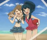  2_girls arm arms art ball bandanna bare_legs beach beachball bikini blue_eyes blue_hair bow brown_hair closed_eyes creatures_(company) dawn_(pokemon) double_v female female_only friends frills game_freak hair haruka_(pokemon) hat hikari_(pokemon) holding holding_poke_ball humans_of_pokemon legs long_hair lowres may_(pokemon) midriff multiple_girls navel nintendo one-piece_swimsuit one_eye_closed open_mouth pinkish poke_ball pokemon pokemon_(anime) pokemon_(game) pokemon_black_and_white pokemon_bw pokemon_diamond_pearl_&amp;_platinum pokemon_dppt pokemon_rse ponytail short_hair skirt smile standing swimsuit v wink 