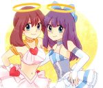 2_girls alternate_costume alternate_headwear artist_request blue_eyes bridal_gauntlets brown_hair choker cosplay female_only frills hagino_aki halo halter_top halterneck haruka_(pokemon) hikari_(pokemon) looking_at_viewer midriff multiple_girls navel no_hat no_headwear panty_&_stocking_with_garterbelt panty_(psg)_(cosplay) panty_anarchy_(cosplay) pokemon purple_hair smile stocking_(psg)_(cosplay) stocking_anarchy_(cosplay)