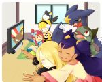  4_girls 4girls axew blonde_hair blush cable chibi closed_eyes creatures_(company) cynthia_(pokemon) dark-skinned_female elesa_(pokemon) emolga female fuuro_(pokemon) game_freak garchomp gym_leader hair_over_one_eye happy huge_breasts humans_of_pokemon iris iris_(pokemon) kamitsure_(pokemon) light-skinned_female long_hair maroon_eyes multiple_girls nintendo open_mouth pokemon pokemon_(anime) pokemon_(game) pokemon_black_2_&amp;_white_2 pokemon_black_and_white pokemon_bw pokemon_bw2 pokemon_diamond_pearl_&amp;_platinum pokemon_dppt purple_eyes red_hair shirona_(pokemon) skyla_(pokemon) smile stunfisk television violet_hair window 