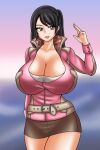 1girl alluring big_breasts black_hair breasts cleavage gogo_sentai_boukenger jacket nishihori_sakura olive_eyes shirt skirt super_sentai treezero