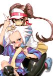 2girls bad_id blue_eyes brown_hair double_bun female_protagonist_(pokemon_bw2) freckles gym_leader homika_(pokemon) legs mei_(pokemon) middle_finger miyatsuka_ringorou miyatsukaringorou multiple_girls pantyhose pokemon pokemon_(game) pokemon_bw2 raglan_sleeves skirt topknot twintails visor_cap white_hair yuri