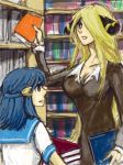 2_girls 2girls alternate_costume alternate_hair_length alternate_hairstyle arm art artist_request blonde blonde_hair blue_eyes blue_hair book bookshelf breasts cleavage collarbone creatures_(company) cynthia_(pokemon) dawn_(pokemon) female formal game_freak grey_eyes hair_ornament hair_over_one_eye hat hikari_(pokemon) holding huge_breasts humans_of_pokemon library long_hair long_sleeves looking_at_another multiple_girls neck nintendo pokemon pokemon_(anime) pokemon_(game) pokemon_black_2_&_white_2 pokemon_black_and_white pokemon_bw pokemon_bw2 pokemon_diamond_pearl_&_platinum pokemon_dppt school_uniform serafuku shirona_(pokemon) short_hair smile teacher_and_student very_long_hair