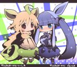 2girls animal_ears anthrofied blonde_hair blue_eyes blue_hair blush chibi glaceon leafeon long_hair multiple_girls nijiirosekai pokemon red_eyes satsuki_mei_(sakuramochi) skirt smile wide_face wideface