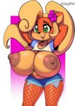  1girl accessory activision alternate_breast_size anthro areola arms_behind_head artist_name bandicoot big_breasts blonde_hair breasts clothed clothing coco_bandicoot countershade_face countershade_torso countershading crash_(series) crash_bandicoot_(series) dongitos exposed exposed_breasts female_focus fishnet_legwear fishnet_stockings fishnets flower flower_in_hair furry gigantic_breasts green_eyes hair hair_accessory hair_ornament hands_behind_head huge_breasts legwear long_hair mammal marsupial multicolored_body multicolored_face multicolored_skin navel nervous_smile nipples no_bra open-mouth_smile open_mouth open_smile orange_body orange_skin portrait presenting presenting_breasts sexy sexy_body sexy_breasts shirt short_shorts shorts simple_background smile solo_focus standing stockings sweat tan_body tan_countershading tan_skin thick_thighs thighs three-quarter_portrait top_heavy two_tone_body two_tone_face two_tone_skin white_background 