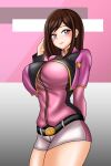  1girl alluring belt big_breasts brown_hair jacket mashin_sentai_kiramager ooharu_sayo purple_eyes shorts super_sentai treezero 