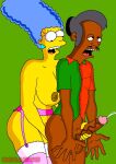  666arts apu_nahasapeemapetilon big_breasts blue_hair erect_nipples erect_penis garter_belt handjob huge_penis marge_simpson stockings the_simpsons thighs yellow_skin 