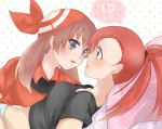  ! !? 2_girls 2girls ? arm art artist_request asuna_(pokemon) babe bandana bed blue_eyes blush breasts brown_hair collarbone collared_shirt eye_contact face-to-face female flannery game_freak girl_on_top gym_leader haruka_(pokemon) humans_of_pokemon incipient_kiss lips looking_at_another love lying may_(pokemon) midriff multiple_girls neck nintendo on_back open_mouth panties pillow pokemon pokemon_(anime) pokemon_(game) pokemon_diamond_pearl_&amp;_platinum pokemon_dppt pokemon_rse ponytail red_hair redhead shirt short_hair striped striped_panties surprised sweat t-shirt v-neck yuri 