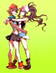 2_girls 2girls artist_request bad_id baseball_cap blue_eyes boots brown_eyes brown_hair female genderswap green_background hat holding hug legs long_hair multiple_girls pokemon pokemon_(game) pokemon_black_and_white pokemon_bw ponytail popped_collar short_hair shorts simple_background skirt suhoi touko_(pokemon) touya_(pokemon) white_(pokemon) wristband yuri