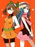  2_girls 2girls :) ;) arm arms bandana bandanna bare_arms bare_legs bare_shoulders bike_shorts blue_eyes blue_hair brown_hair collared_shirt dawn friends gloves hair_ornament haruka_(pokemon) haruka_(pokemon)_(remake) haruka_(pokemon_emerald) hat hikari_(pokemon) legs long_hair looking_at_viewer ma6 may multiple_girls nintendo orange_background orange_clothes pink_scarf pink_skirt pokemon pokemon_(anime) pokemon_(game) pokemon_dppt pokemon_rse scarf shirt short_hair simple_background skirt smile standing star tegaki v_arms wink 