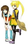 2girls bare_shoulders blue_(pokemon) blue_eyes blue_legwear brown_hair happy hat kneehighs leg_warmers long_hair multiple_girls no_hat no_headwear open_mouth pokemon pokemon_special ponytail porkpie_hat simple_background skirt smile straw_hat turtleneck white_background yellow_(pokemon) yellow_eyes