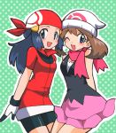  2_girls 2girls alternate_costume arm arms arms_behind_back art artist_request bandana bare_legs beanie bike_shorts blue_eyes blue_hair blush brown_hair cosplay costume_switch dawn dress female friends game_freak gloves green_background hair_ornament happy haruka_(pokemon) haruka_(pokemon)_(cosplay) hat hikari_(pokemon) hikari_(pokemon)_(cosplay) humans_of_pokemon legs long_hair looking_at_viewer may_(pokemon) multiple_girls nintendo open_mouth pokemon pokemon_(anime) pokemon_(game) pokemon_diamond_pearl_&amp;_platinum pokemon_dppt pokemon_rse polka_dot polka_dot_background scarf shirt short_hair shorts skirt smile wink 