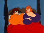  2girls big_breasts boob_window breasts_bigger_than_head clothed daphne_blake edit female female_only hanna-barbera huge_breasts hyper_breasts in_bed scooby-doo screenshot_edit teaset_haliley velma_dinkley 