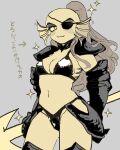  1girl 2010s 2018 :3 anthro anthro_only armor armored_gloves armwear bikini bikini_armor bikini_bottom bikini_top breasts cowboy_shot ear_fins eyepatch female_anthro female_only fish fish_girl gauntlets grey_background hair head_fins holding_spear holding_weapon japanese_text legwear long_hair marine medium_breasts monochrome monster monster_girl navel non-mammal_breasts non-mammal_navel ponytail ribon22 simple_background skimpy_armor skimpy_outfit slit_pupils solo_anthro solo_female sparkle spear text twitter undertale undertale_(series) undyne very_long_hair weapon 