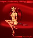 1girl beige_skin breasts brown_eyes brown_hair collar color female_satan footwear genderswap hair high_heels horns looking_at_viewer lucifer nipples open_eyes pitchfork religion satan shoes sitting straight_hair tagme wings