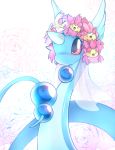  blue_skin blush bridal_veil cherrim dragonair head_wings horn no_humans pokemon red_eyes slugbox solo_focus veil 