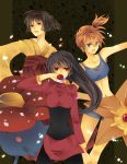  3girls androgynous bikini black_hair blue_bikini erika_(pokemon) gym_leader holding holding_poke_ball japanese_clothes jikei kasumi_(pokemon) kimono long_hair midriff multiple_girls natsume_(pokemon) navel orange_hair pantyhose poke_ball pokemon pokemon_(game) pokemon_firered_and_leafgreen pokemon_frlg pokemon_rgby side_ponytail staryu swimsuit tank_top vileplume 