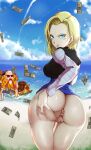  1boy 1girl 1girl aboart android_18 anime_milf arm_at_side ass big_ass blonde_hair blue_eyes blue_sky bob_cut breasts clothed_female cloud cloudy_sky dragon_ball dragon_ball_z fanart female_focus half-dressed high_res high_resolution huge_ass innie_pussy large_filesize looking_at_viewer looking_back male male/female master_roshi mature mature_female milf money ocean old_man pussy sand short_hair sky smirk solo_female tagme thin_eyebrows very_high_resolution water watermark wet wet_body 