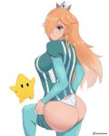  1girl ass big_breasts blonde_hair blue_eyes blue_shirt blue_shorts breasts crown daymandraws earrings getting_dressed hair_over_one_eye long_hair looking_at_viewer looking_back luma mario_(series) mario_strikers nintendo panties pantyhose pantyhose_under_shorts pawg princess_rosalina rosalina sexy shirt short_shorts shorts soccer_uniform star_earrings striped_shirt white_panties 