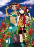 2_girls 2girls alternate_costume alternate_headwear aqua_eyes arm arms bandeau bare_shoulders bike_shorts black_hair blue_eyes brown_hair buzz carrying cloud creatures_(company) dark-skinned_female dark_skin elite_four elite_four_(hoenn_region) female flower flower_on_head fuyou_(pokemon) game_freak ghost_type_trainer gloves hair_flower hair_ornament haruka_(pokemon) haruka_(pokemon_emerald) hibiscus humans_of_pokemon legs long_skirt may midriff multiple_girls navel neck nintendo open_mouth phoebe_(pokemon) pointing pokemon pokemon_(anime) pokemon_(game) pokemon_omega_ruby_&_alpha_sapphire pokemon_oras pokemon_rse pokemon_ruby_sapphire_&_emerald porkyman sarong short short_hair short_twintails shorts skirt sky sleeveless sleeveless_shirt smile strapless torchic tubetop twintails wristband