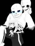  2015 2d 2d_(artwork) animated_skeleton black_background blue_blush blush bottom_sans clothed duo gaster gaster_(undertale) groping hand hand_on_crotch hands male monster multiple_hands sans sans_(undertale) sanster seme_gaster shirt_up skeleton solo_focus suckmytrombone sweater top_gaster uke_sans undead undertale undertale_(series) video_games 