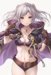 1girl 1girl alluring belt bikini breasts brown_belt brown_gloves cleavage cloak closed_mouth fire_emblem fire_emblem_awakening fire_emblem_heroes floating_hair gloves hood hood_down hooded_cloak medium_breasts navel nintendo o-ring o-ring_bikini official_alternate_costume purple_bikini robin_(fire_emblem) robin_(fire_emblem)_(female) simple_background smile stomach swimsuit ten_(tenchan_man) twin_tails under_boob white_background white_hair yellow_eyes