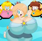 1girl 3_girls 3barts big_breasts blonde_hair blue_eyes breasts_bigger_than_head brown_hair female_only full_of_milk huge_breasts lipstick mario_(series) nintendo princess_daisy princess_peach rosalina sexy sexy_body sexy_breasts thick_thighs waving wide_hips