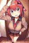  1girl :3 :d absurd_res ahoge arm_up big_breasts black_shirt blurry breasts cardigan collarbone collared_shirt commentary_request contrapposto depth_of_field door doyagao dress_shirt fang feet_out_of_frame fisheye foreshortening from_above gabriel_dropout greatmosu hair_between_eyes hair_ornament hand_in_own_hair hand_on_headwear high_res indoors kneehighs leaning_forward long_hair looking_at_viewer miniskirt neck_tie open_mouth plaid plaid_skirt pleated_skirt purple_eyes red_hair satanichia_kurumizawa_mcdowell school_uniform sfw shirt short_twintails sidelocks skirt smile smug socks taut_clothes twin_tails two_side_up wing_collar 