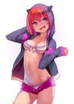  1girl 1girl :3 :d arm_up ataruman bikini bikini_under_clothes breasts cleavage commentary_request contrapposto cowboy_shot fang front-tie_bikini_top front-tie_top gabriel_dropout high_res hood hood_up hooded_jacket jacket long_hair long_sleeves looking_at_viewer low_twintails navel open_clothes open_fly open_jacket open_mouth photoshop_(medium) pink_shorts purple_eyes red_hair satanichia_kurumizawa_mcdowell short_shorts shorts side-tie_bikini_bottom simple_background small_breasts smile standing stomach striped striped_bikini swimsuit twin_tails unzipped white_background 