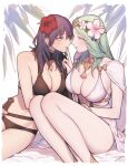  2_girls alluring big_breasts bikini black_bikini blush breasts byleth_(female) byleth_(fire_emblem) byleth_(fire_emblem)_(female) byleth_(summer)_(fire_emblem)_(female) cape cleavage closed_mouth commentary_request eye_contact finger_to_another&#039;s_mouth fire_emblem fire_emblem:_three_houses fire_emblem_heroes flower green_eyes green_hair hair_between_eyes hair_flower hair_ornament head_wreath hibiscus high_res ikarin index_finger_raised jewelry long_hair looking_at_another multiple_girls necklace nintendo official_alternate_costume one-piece_swimsuit parted_lips pointy_ears purple_eyes purple_hair red_flower rhea_(fire_emblem) simple_background swimsuit teal_eyes teal_hair white_bikini white_cape white_flower yuri 