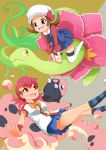 2girls akane_(pokemon) brown_eyes brown_hair cabbie_hat dissolving gym_leader hair_ornament hairclip hat kotone_(pokemon) magyo meganium miltank multiple_girls pink_hair pokemon pokemon_(game) pokemon_gsc pokemon_heartgold_and_soulsilver pokemon_hgss red_eyes ribbon skirt twintails